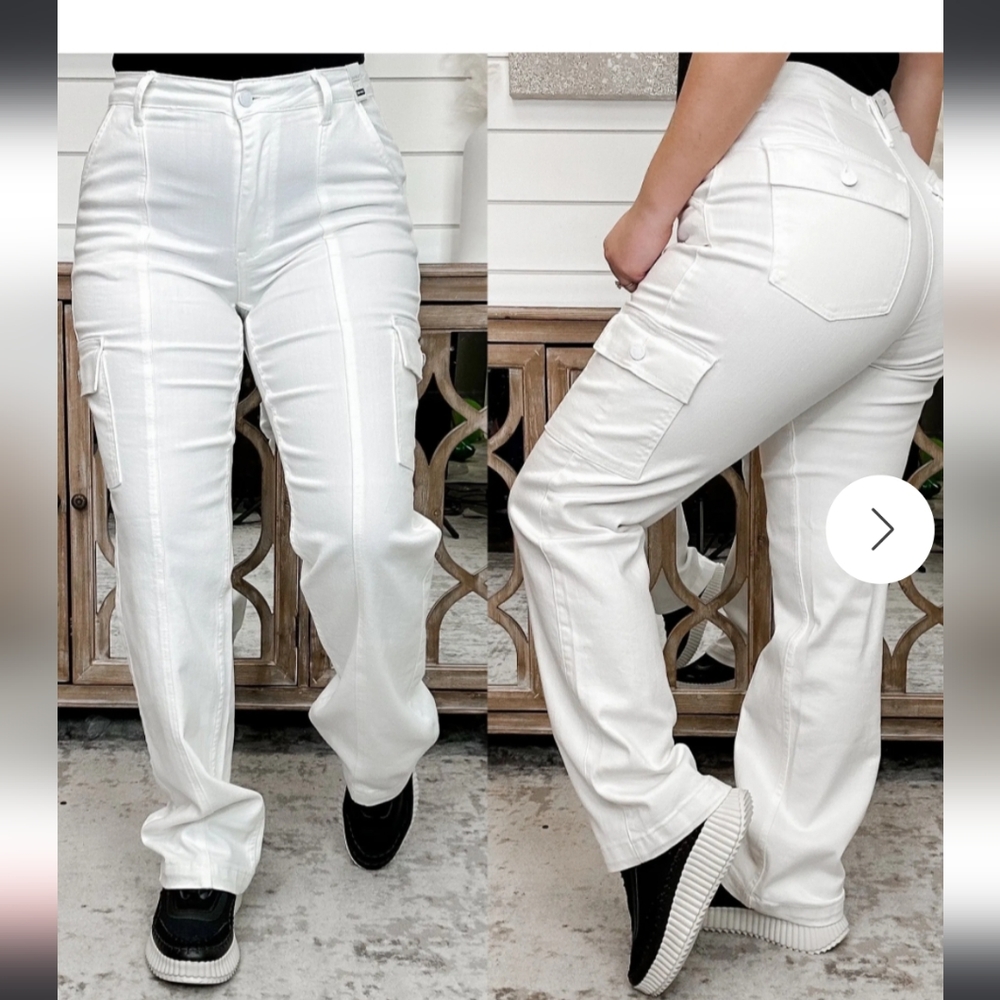 Judy Blue White High Rise Cargo Straight Jeans - Picture 2 of 10